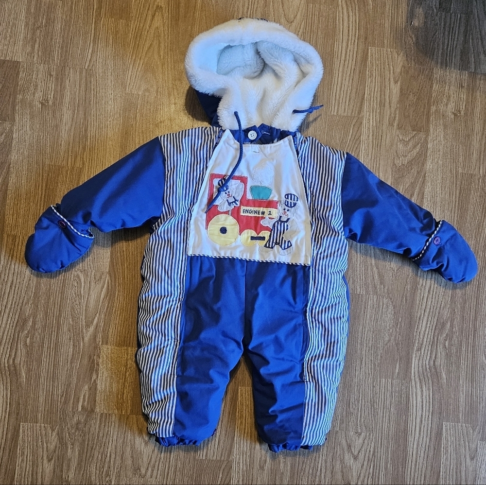 Vintage Blue Hooded Baby Snowsuit with Stripes Size 12 Months